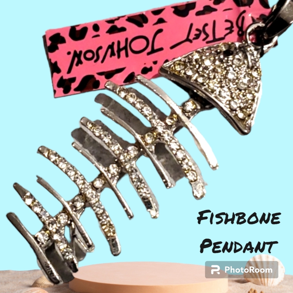 Fishbone Pendant. Sparkling rhinestones and silver tone.